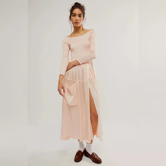 FREE PEOPLE Lucky Love Midi Dress Baby Pink No Size Tag (S Approx) Satin Finish - Picture 1 of 16